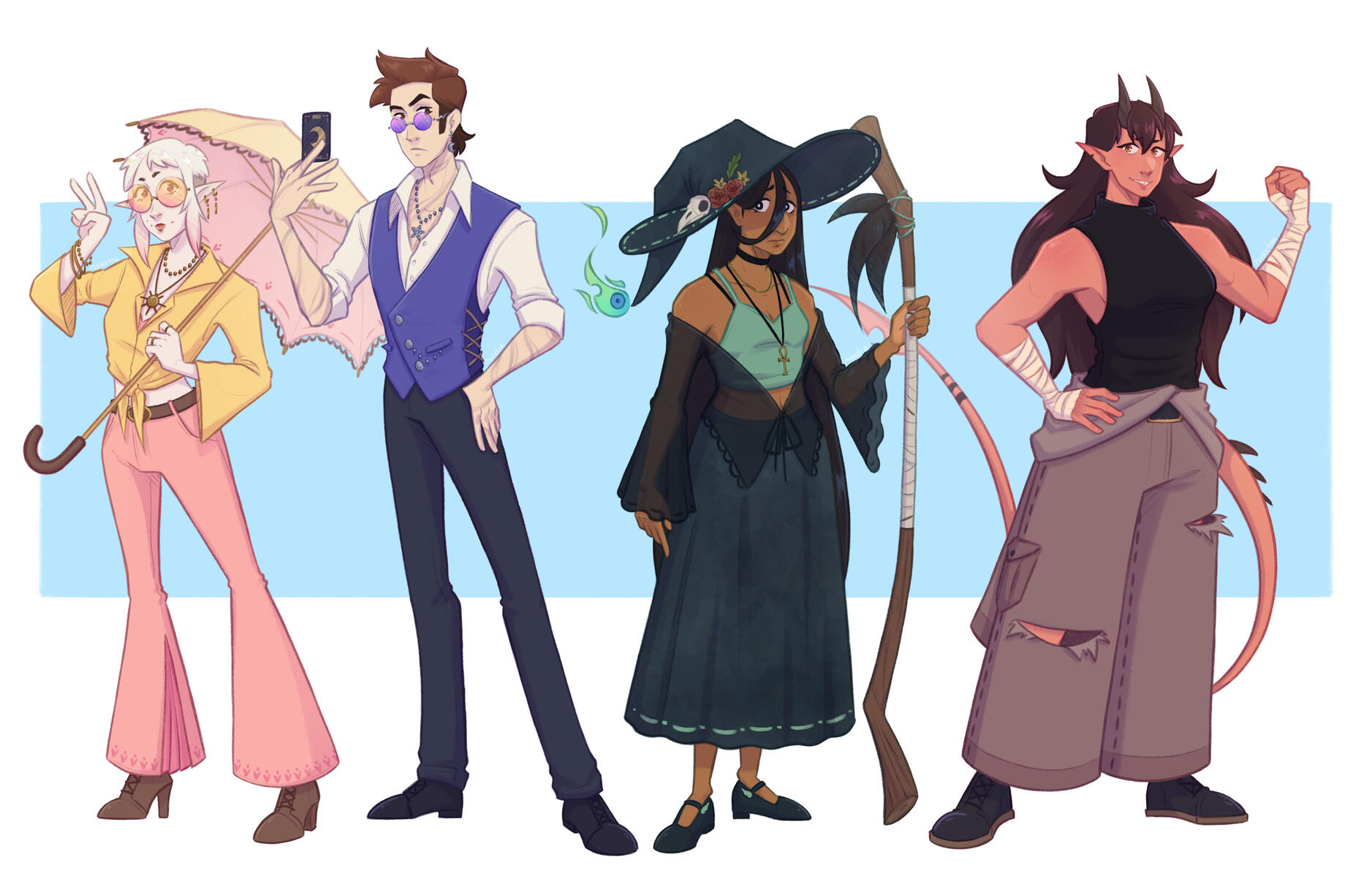 Character lineup 2025 - Left to right: Sun, Alistair, Mara, Cyra